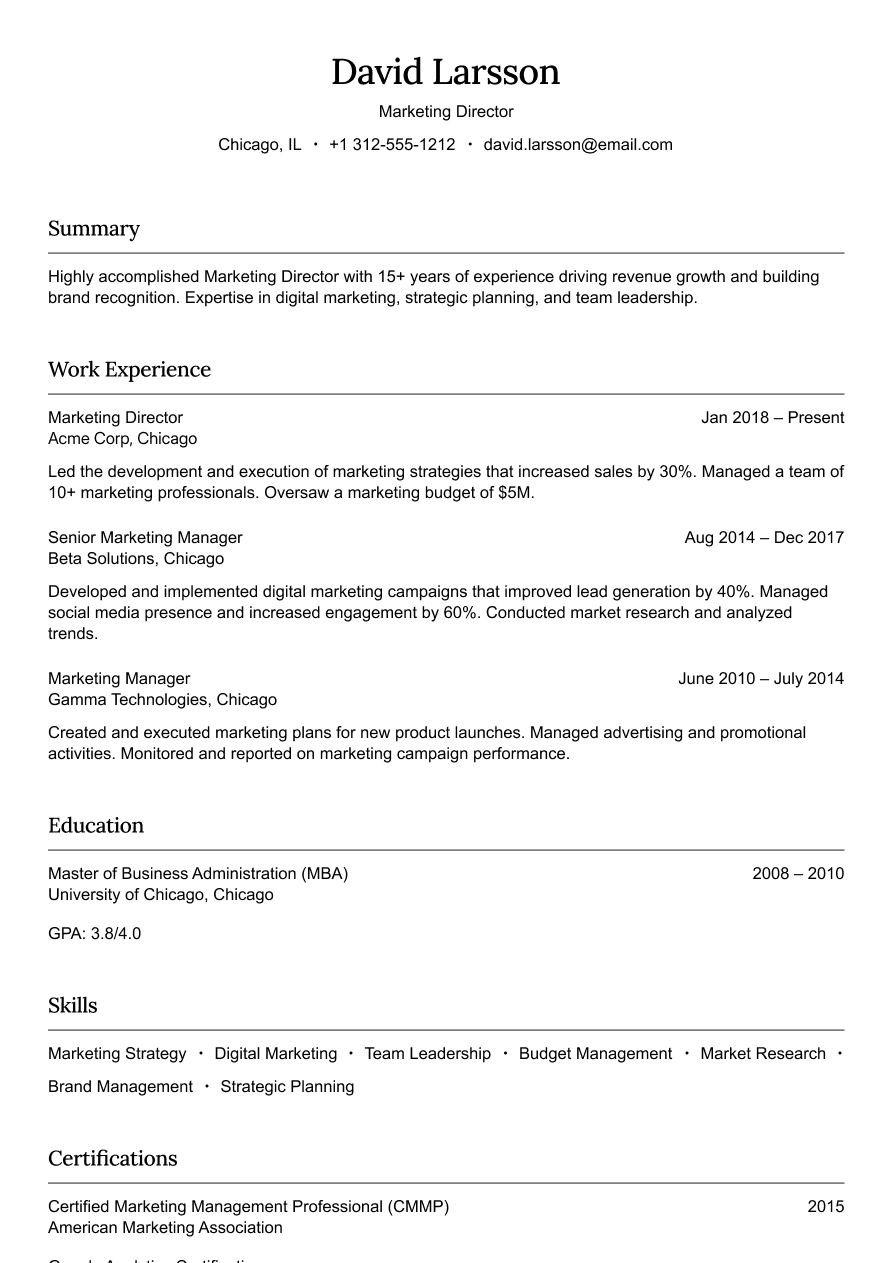 Marketing director resume example