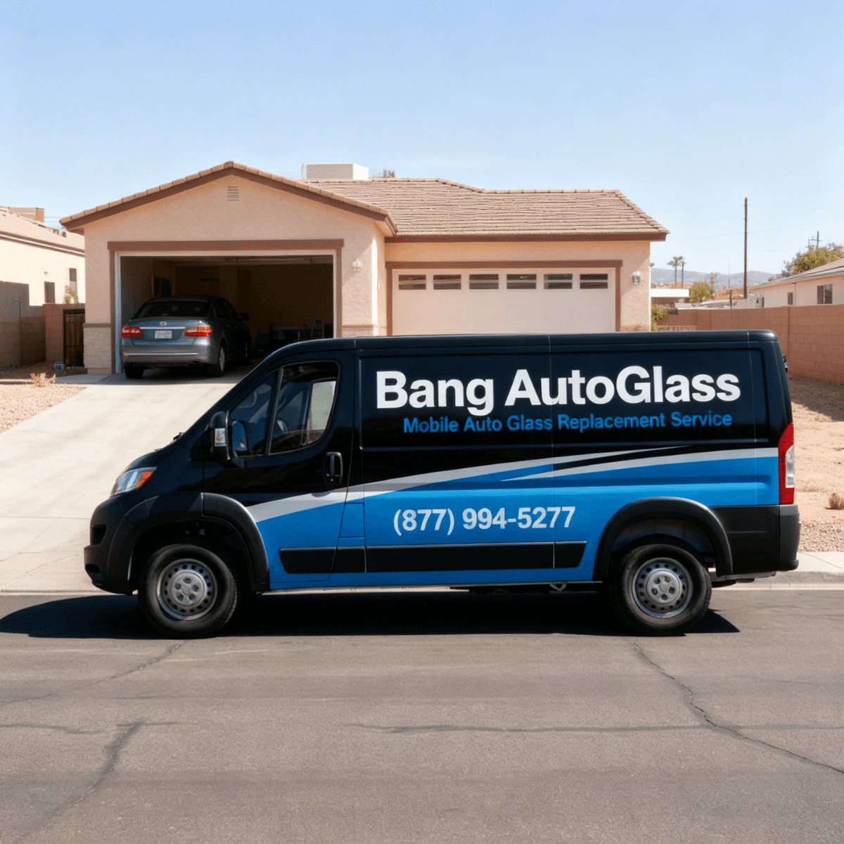 Bang AutoGlass mobile windshield replacement van parked outside a customer's home in Wellton, AZ