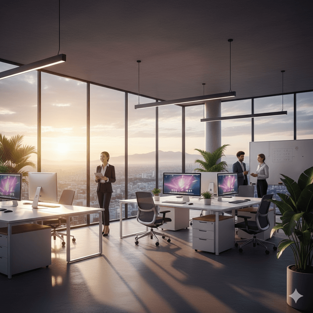 Modern glass-walled corporate office interior with panoramic city views in a high-rise business center.