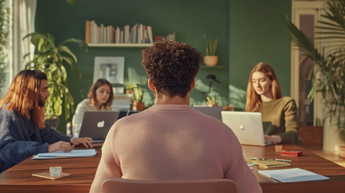 Image of a group of young professionals working at a table 