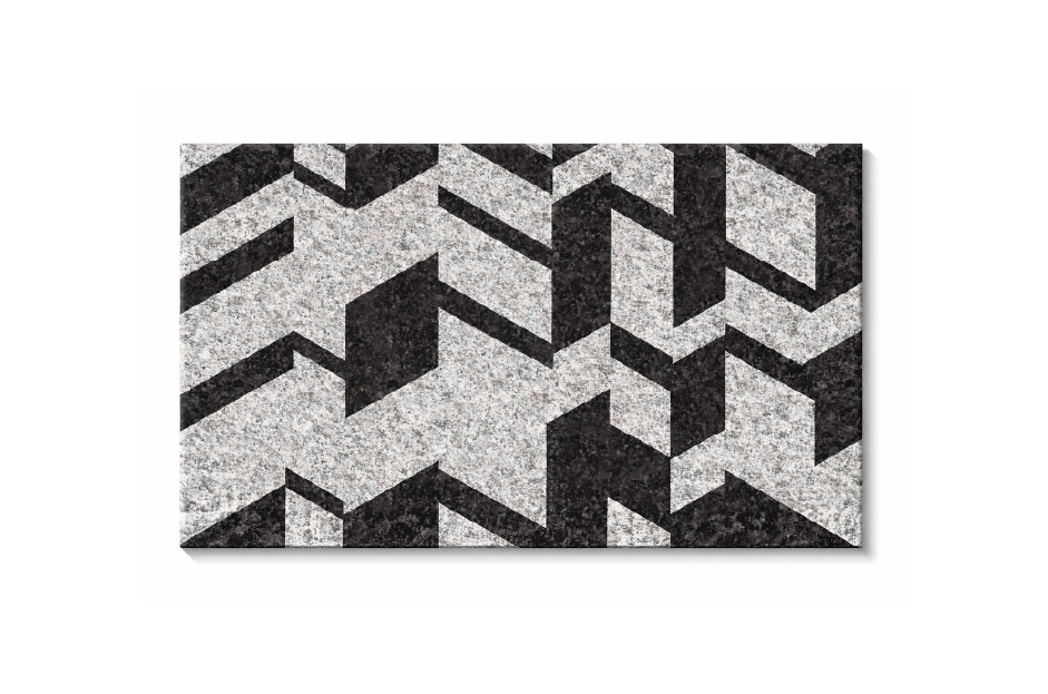 Symphony stone tile with bold angular geometric pattern in textured black and grey surface for outdoor flooring