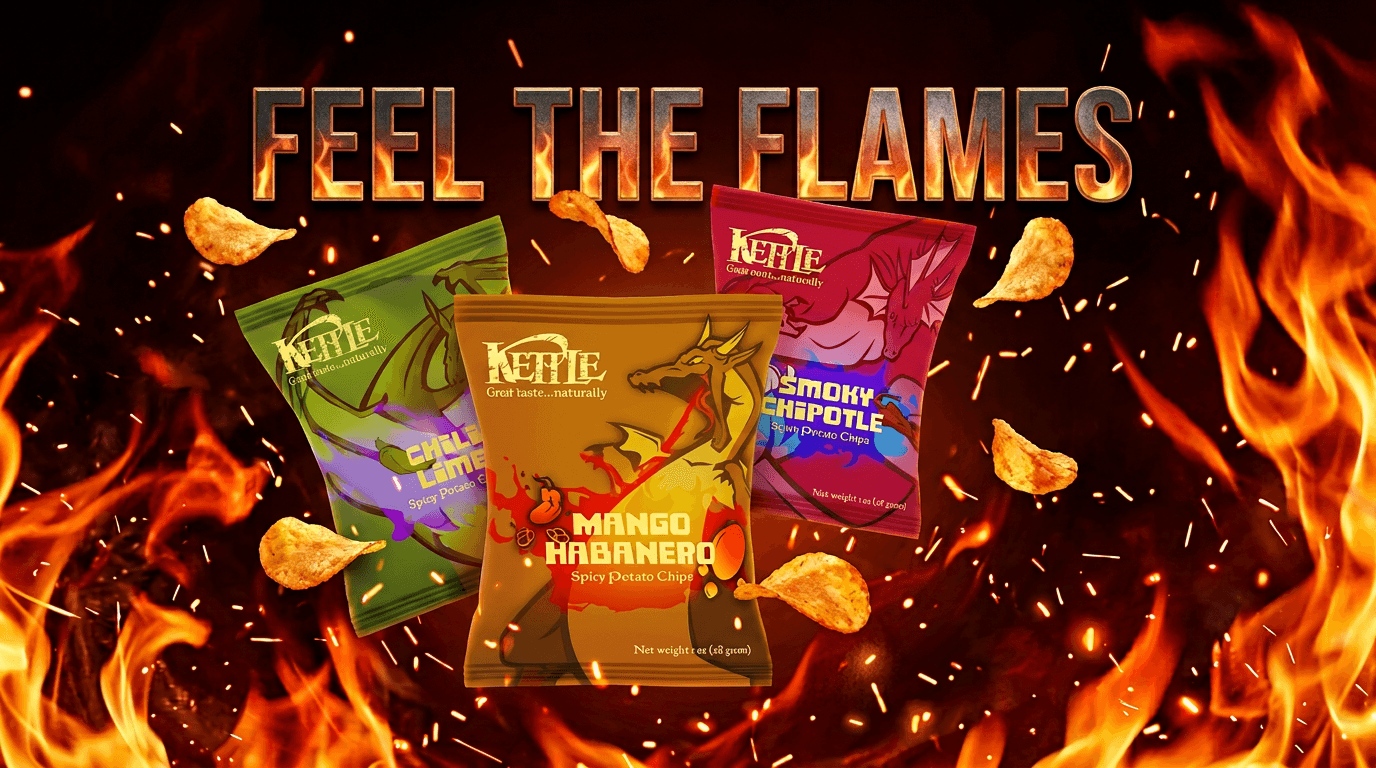 Mock advertisement, featuring all three chip bags surrounded by a dramatic fiery background with a tagline reading "feel the flames."
