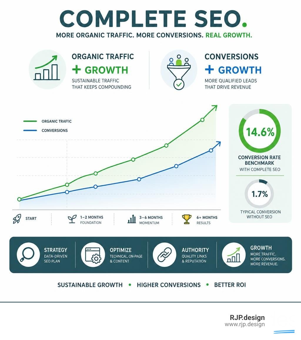 Organic traffic and conversion growth chart showing 14.6% conversion rate benchmark for complete SEO infographic