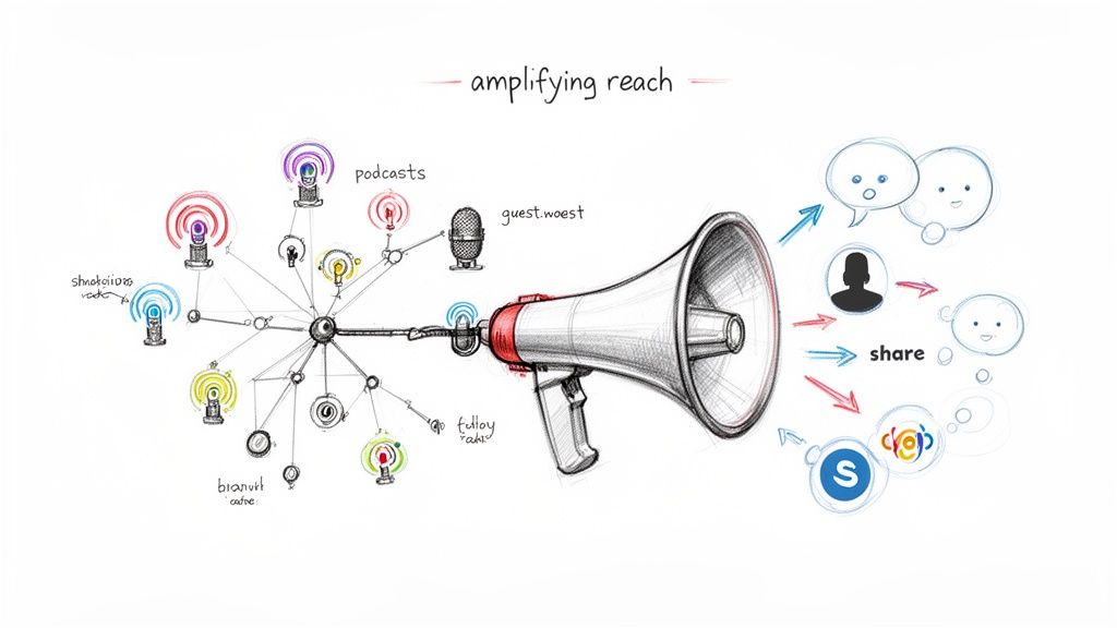 Hand-drawn diagram illustrating a megaphone amplifying podcast reach through multiple content and sharing channels.
