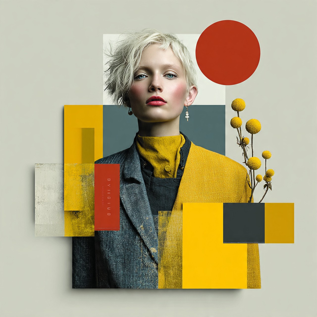 A woman with short, blonde hair and red lipstick is set against an abstract geometric collage of yellow, gray, and red shapes, conveying a modern, artistic vibe.