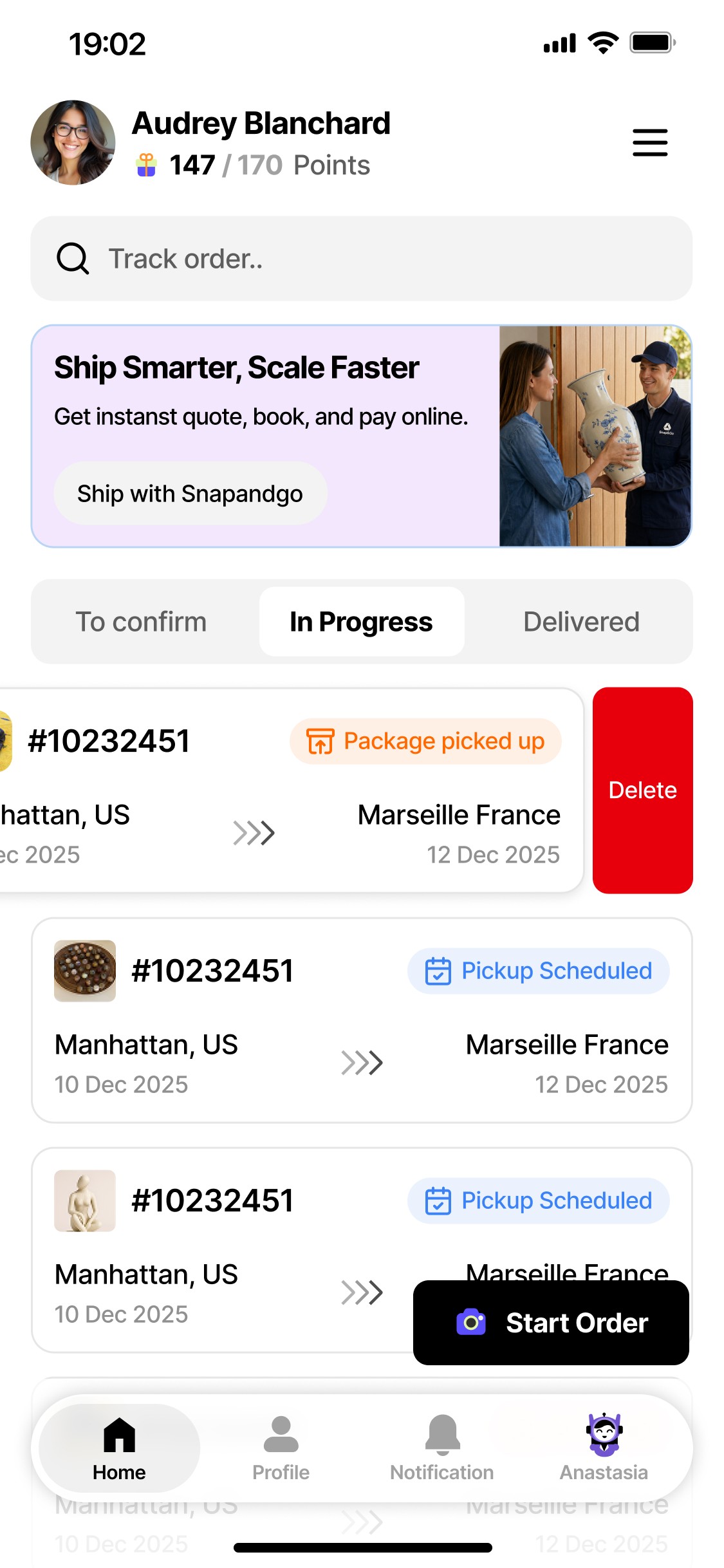 homepage screen of snapandgo with orders