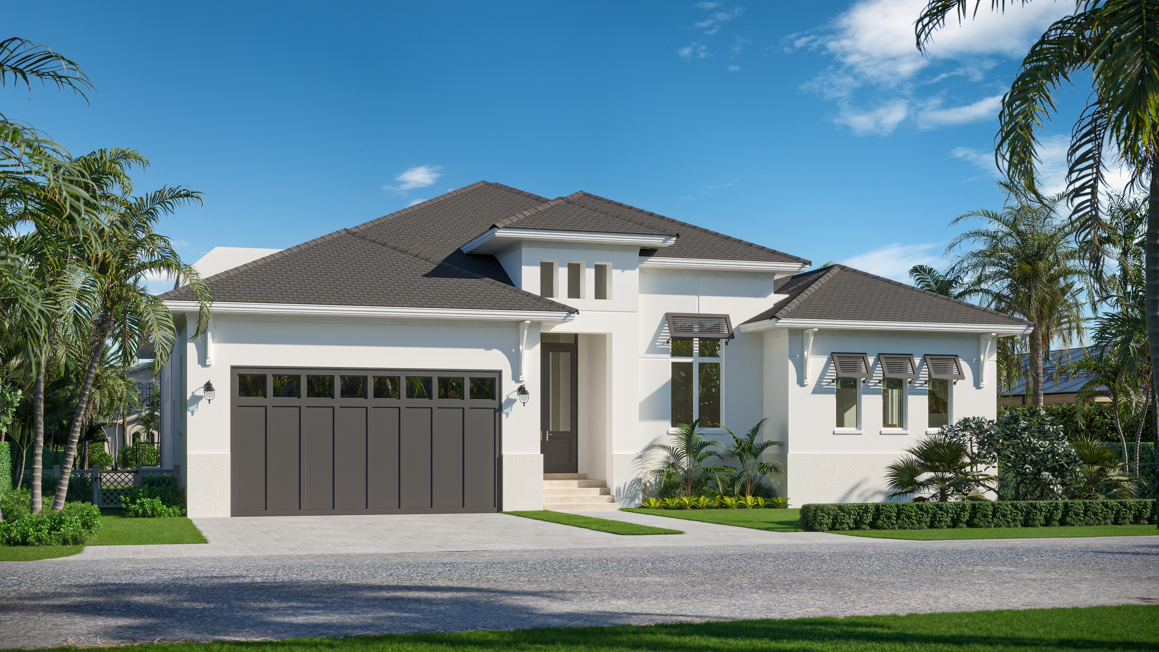 3D exterior rendering of modern patio with sofa, table, and garden view