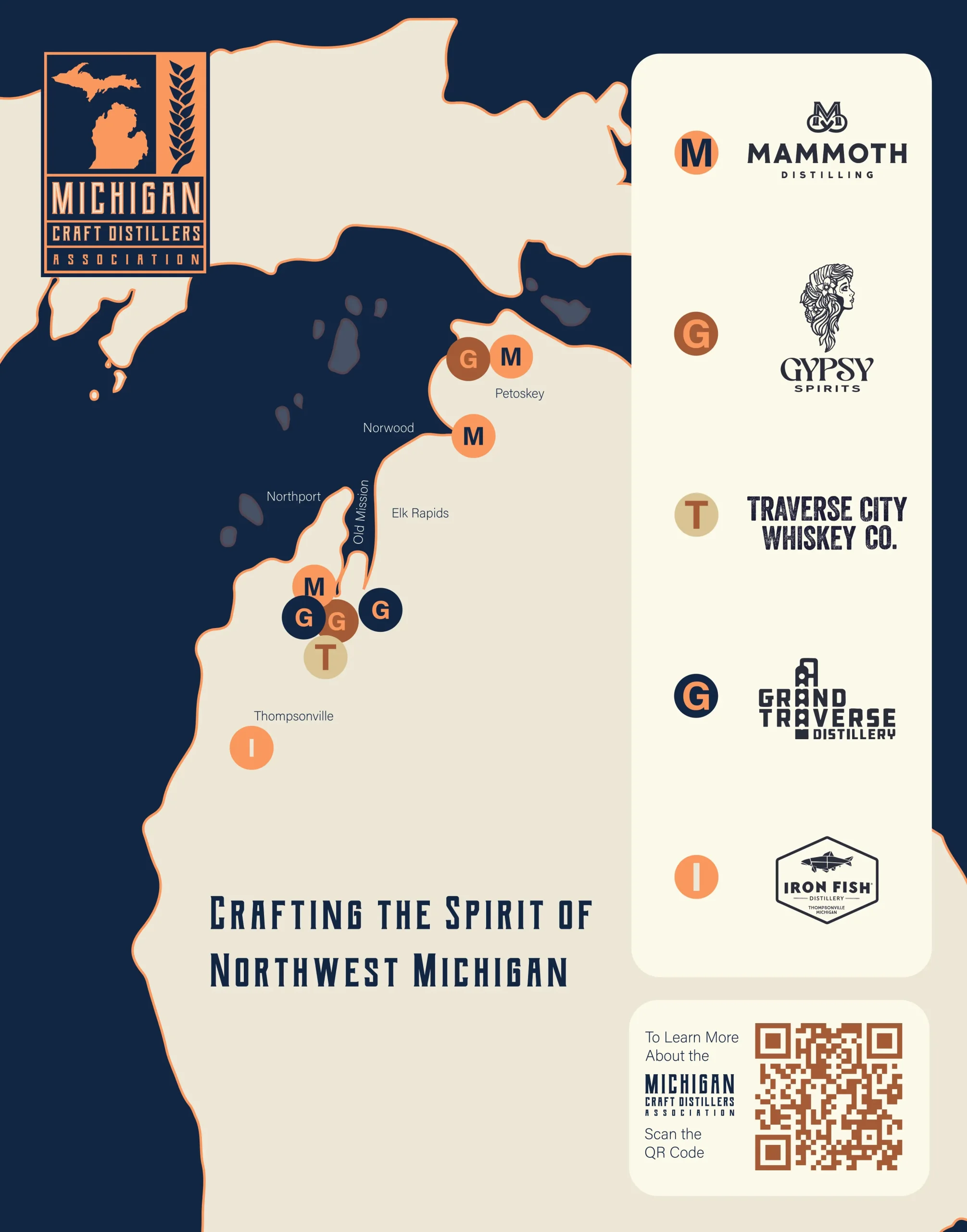 Northwest Michigan distillery trail poster with map and QR code