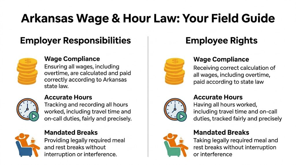 A guide infographic detailing Arkansas wage and hour laws, outlining both employer responsibilities and employee rights.