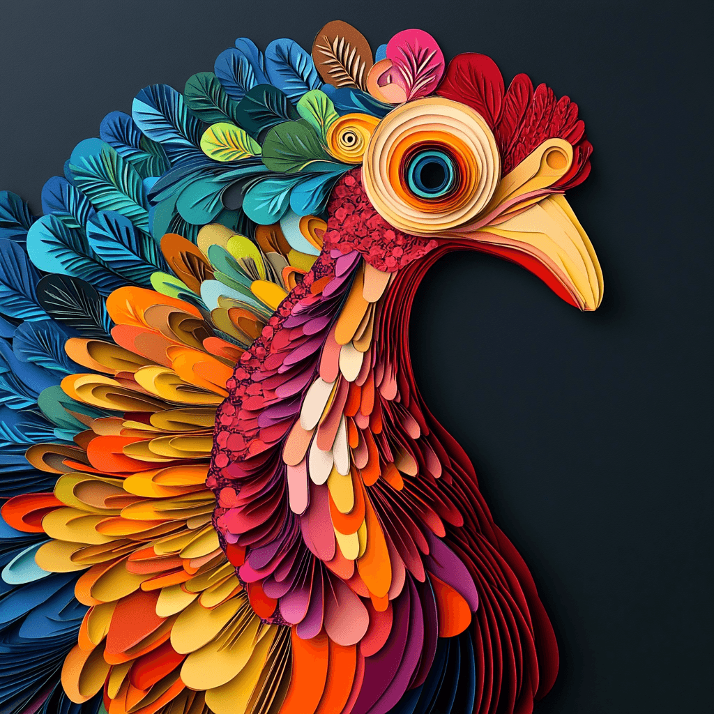 Colorful paper art of a vibrant rooster with intricate feather designs in shades of red, orange, yellow, blue, and green, set against a dark background.