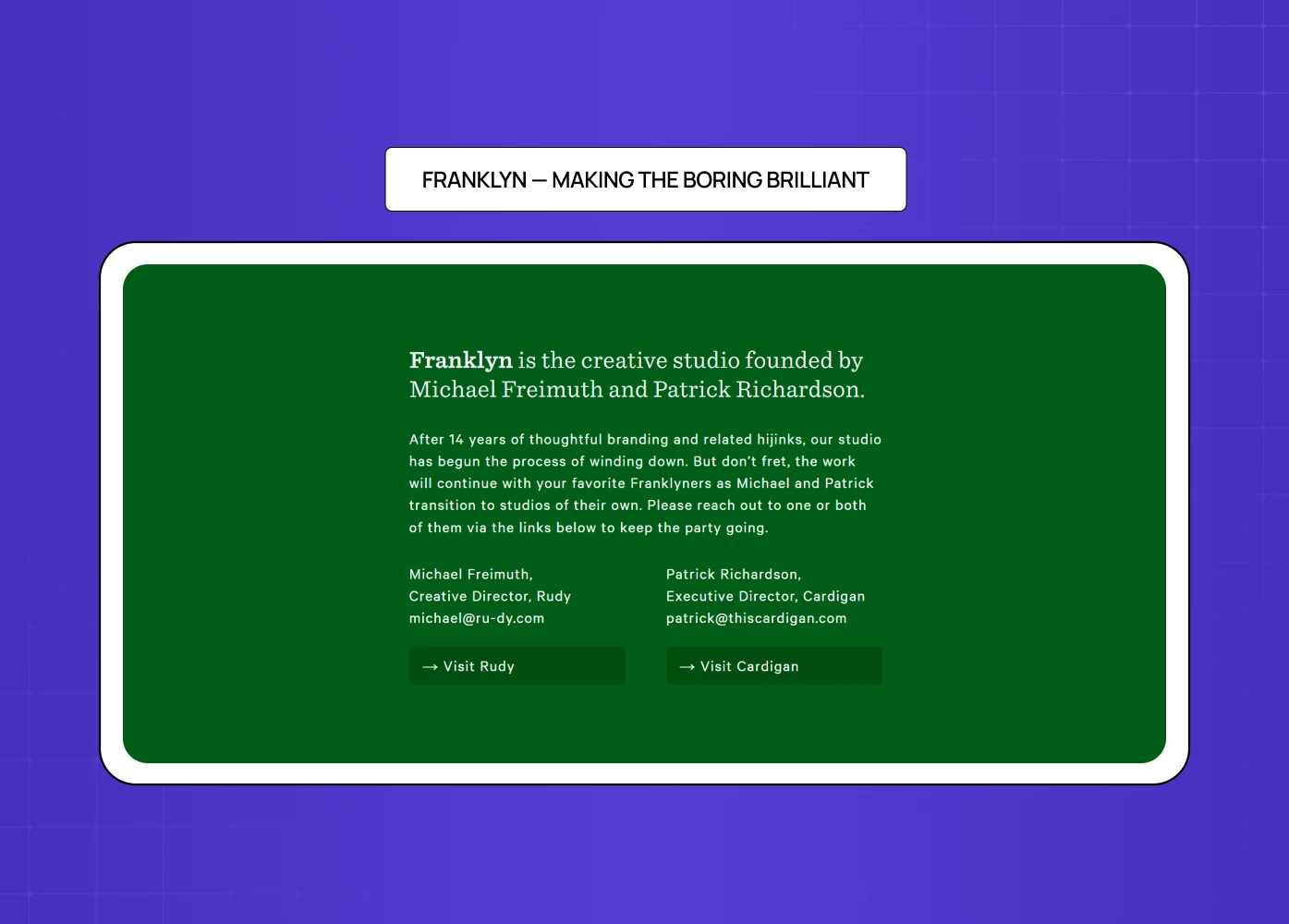 Franklyn website with simple layout and text-focused communication about studio transition.