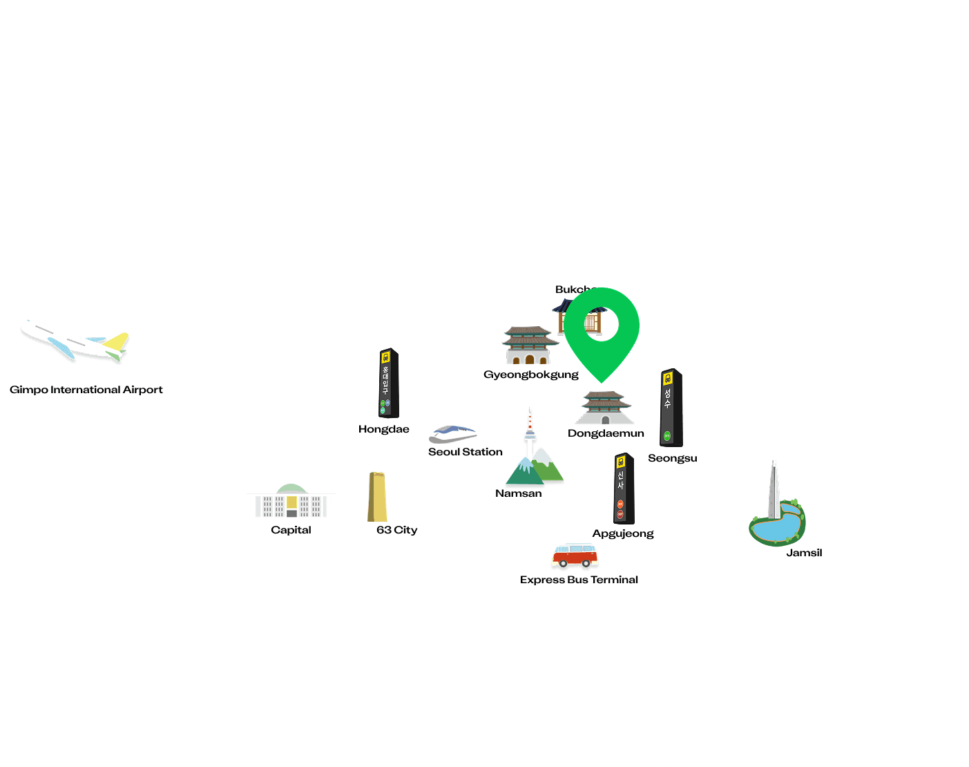 A map of Seoul showing the location of Mangrove Dongdaemun, nestled between Dongdaemun, Gyeongbokgung, and Bukchon.