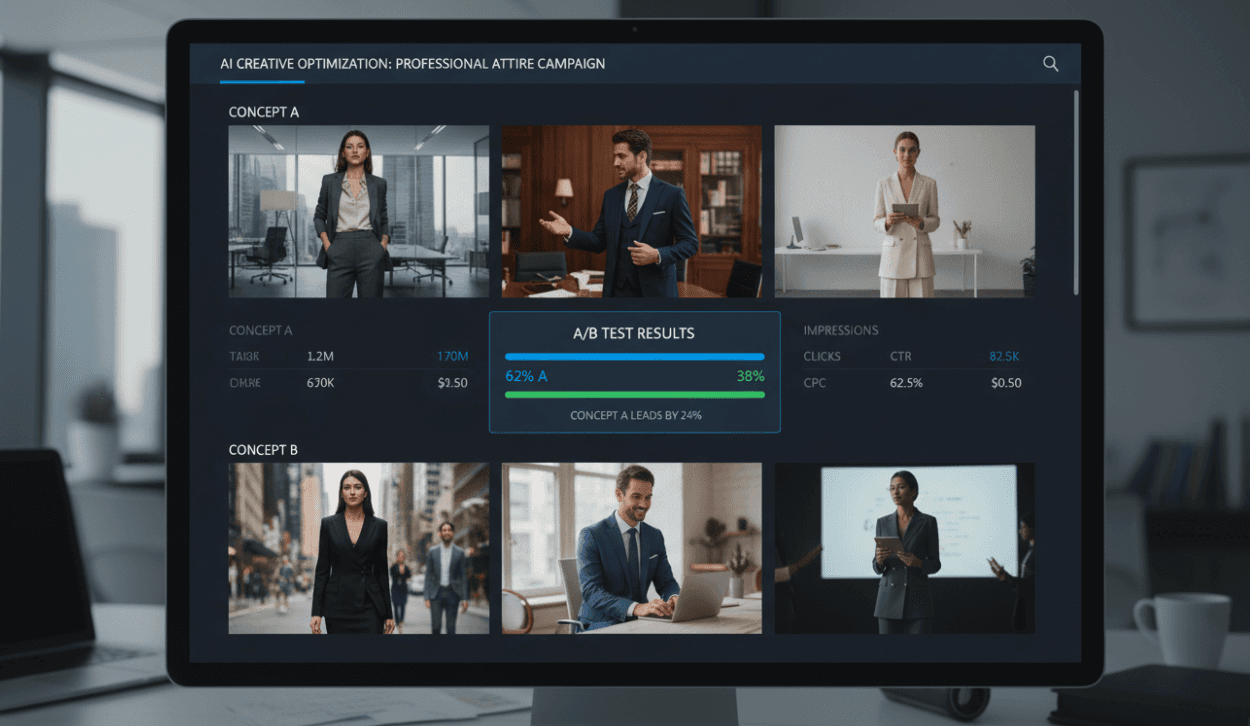 Ad creative AI showing multiple campaign variants for fashion brand performance marketing