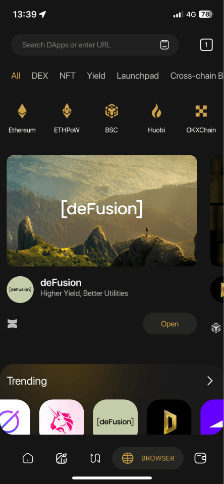 Original Dapp Browser — search screen with category filter