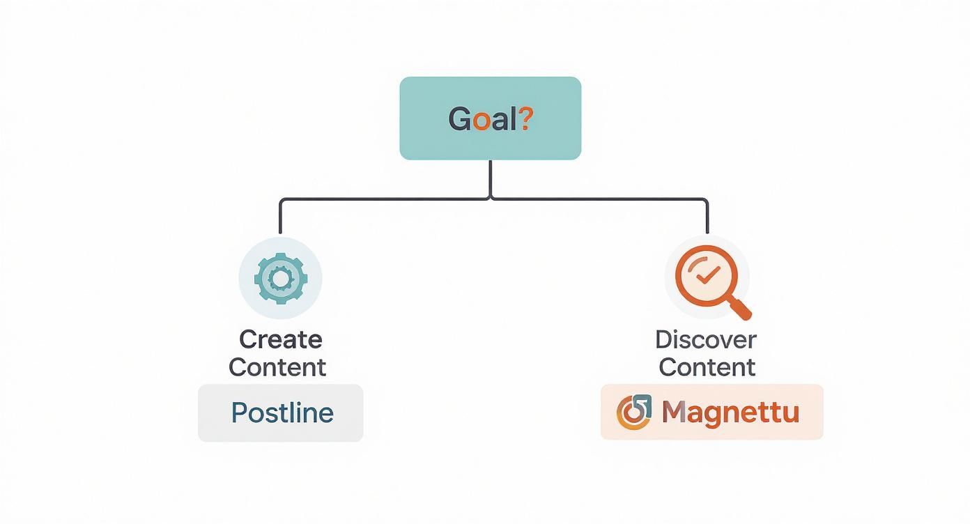 An infographic decision tree showing two paths. One path starts with 'Create Content' leading to Postline, and the other path starts with 'Discover Content' leading to Magnettu.