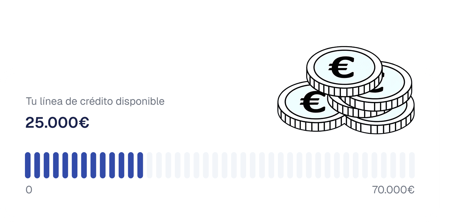 Available credit line of 25,000€ with a progress bar and coins.