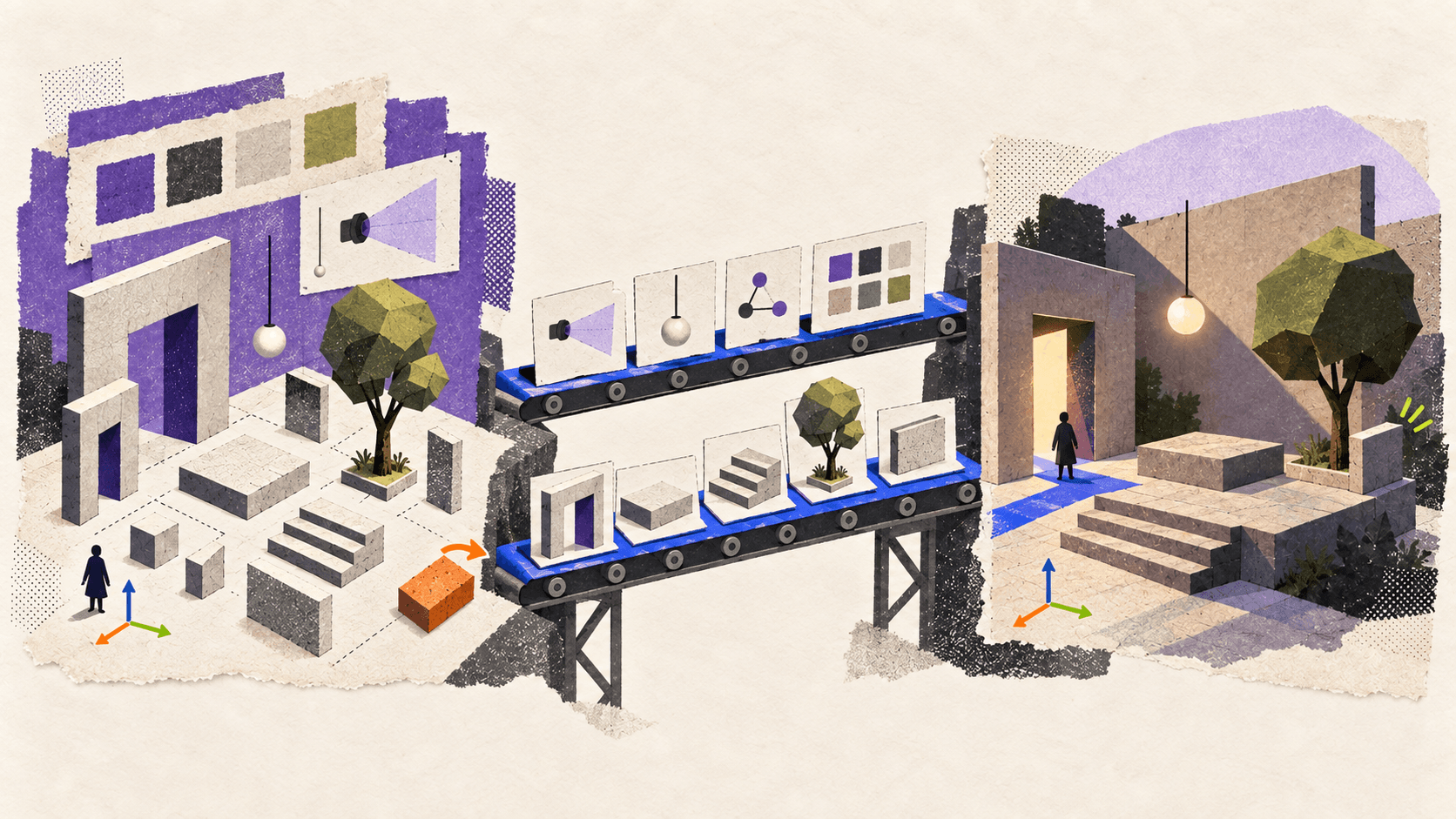 Organized environment geometry and scene data cross a two-lane bridge and reassemble at the same scale and orientation in a second workspace.