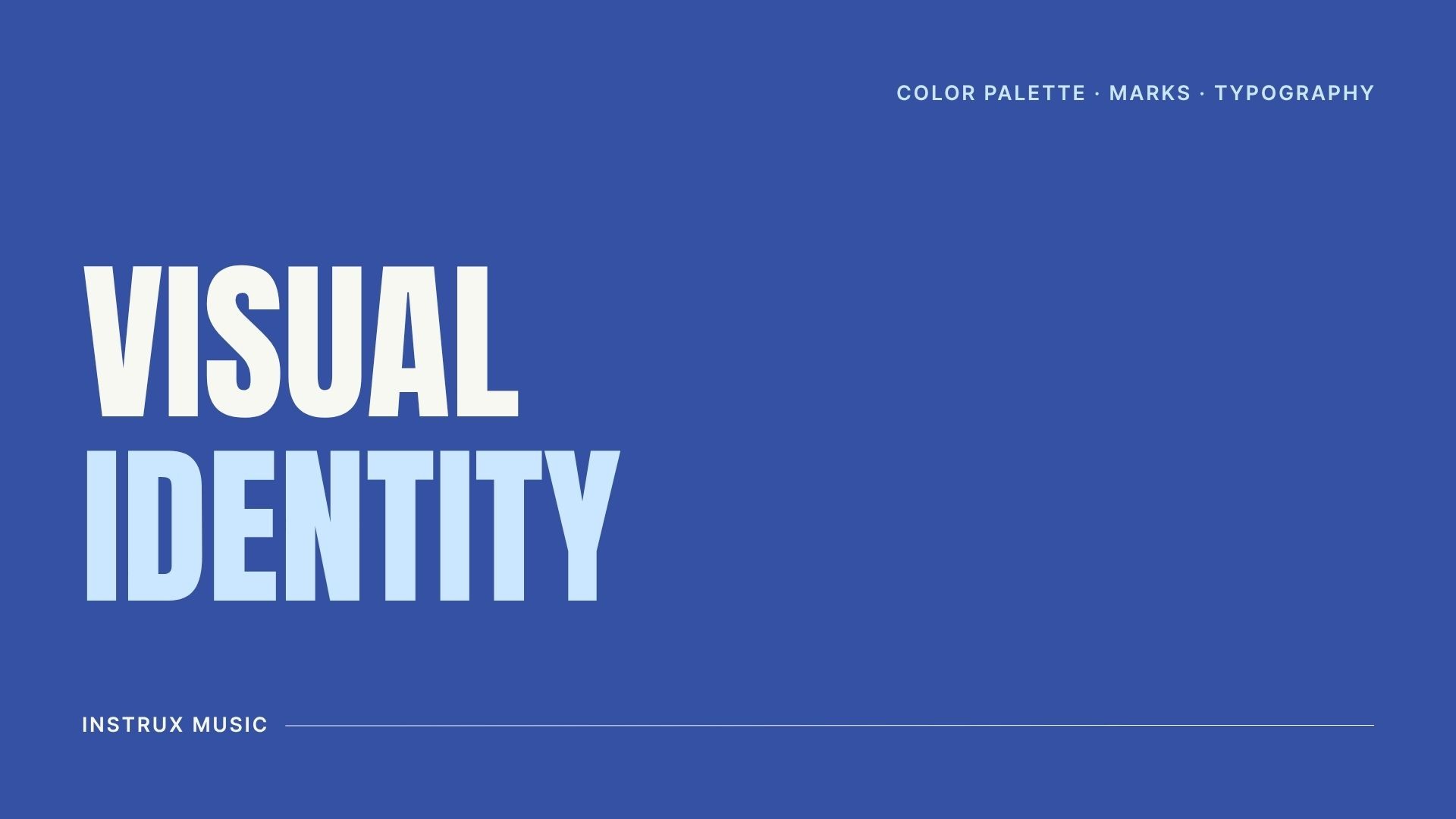 Instrux Music visual identity overview slide covering color palette, logo marks, and typography