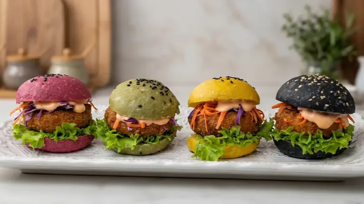 Tapaditos de pollo apanado gourmet en panes de colores para servicios de banquetería y eventos en Santiago.
