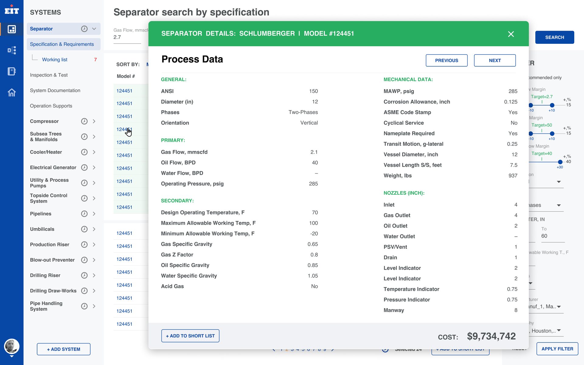 EIT, delivered design — Search: Model details: the full process and mechanical data, with the package cost.