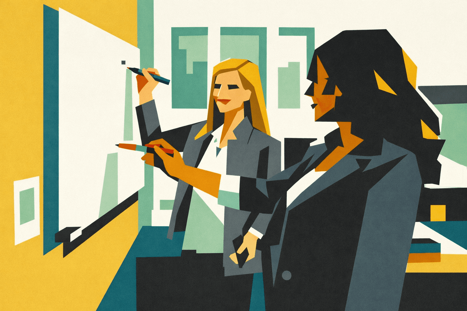 Professioniste over 30 discutono davanti a una lavagna in ufficio, confronto e ridefinizione degli obiettivi durante un percorso di orientamento professionale.