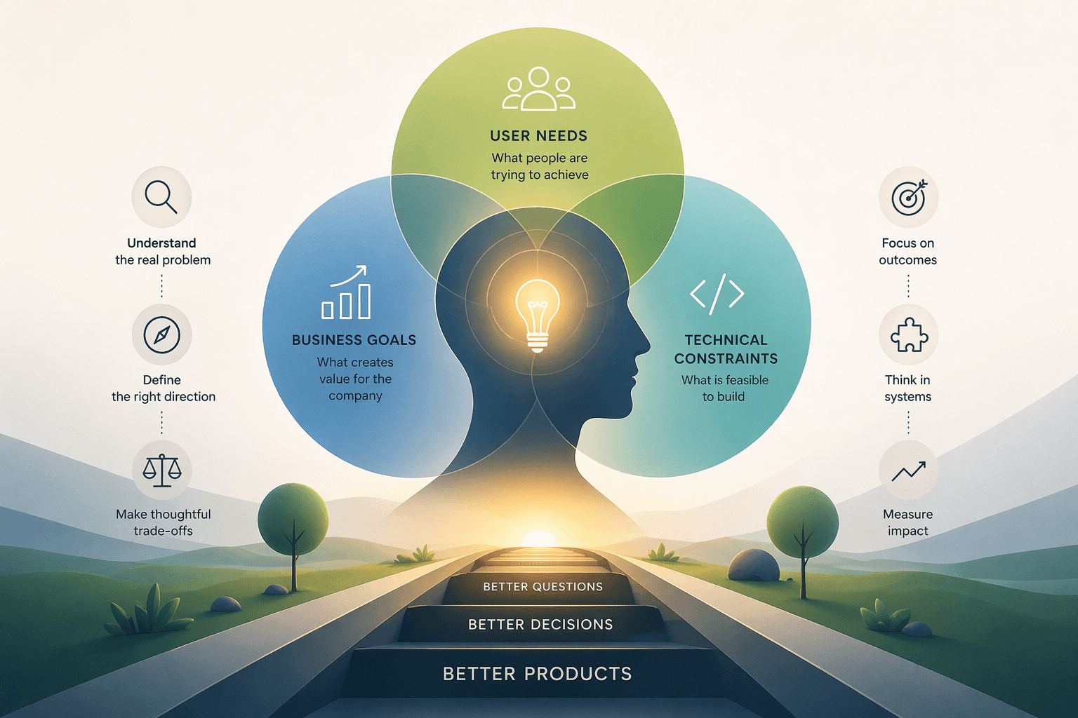 Conceptual illustration showing product thinking as the intersection of user needs, business goals, and technical constraints, leading to better decisions and better products.