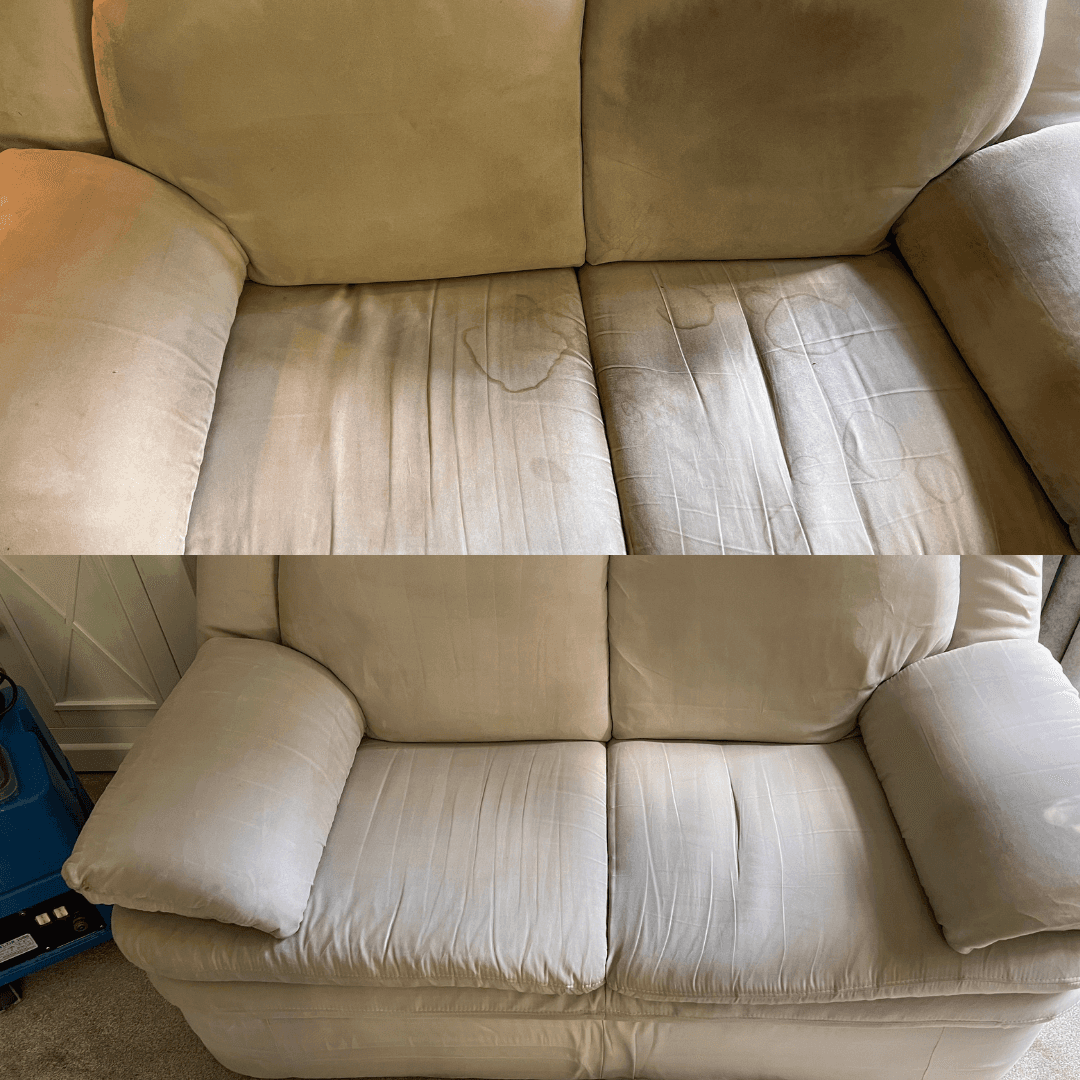 Polsterreinigung bringt rosafarbenes und beiges Sofa nach Fleckenentfernung zurück zu strahlender Sauberkeit – beeindruckende Resultate im Direktvergleich.