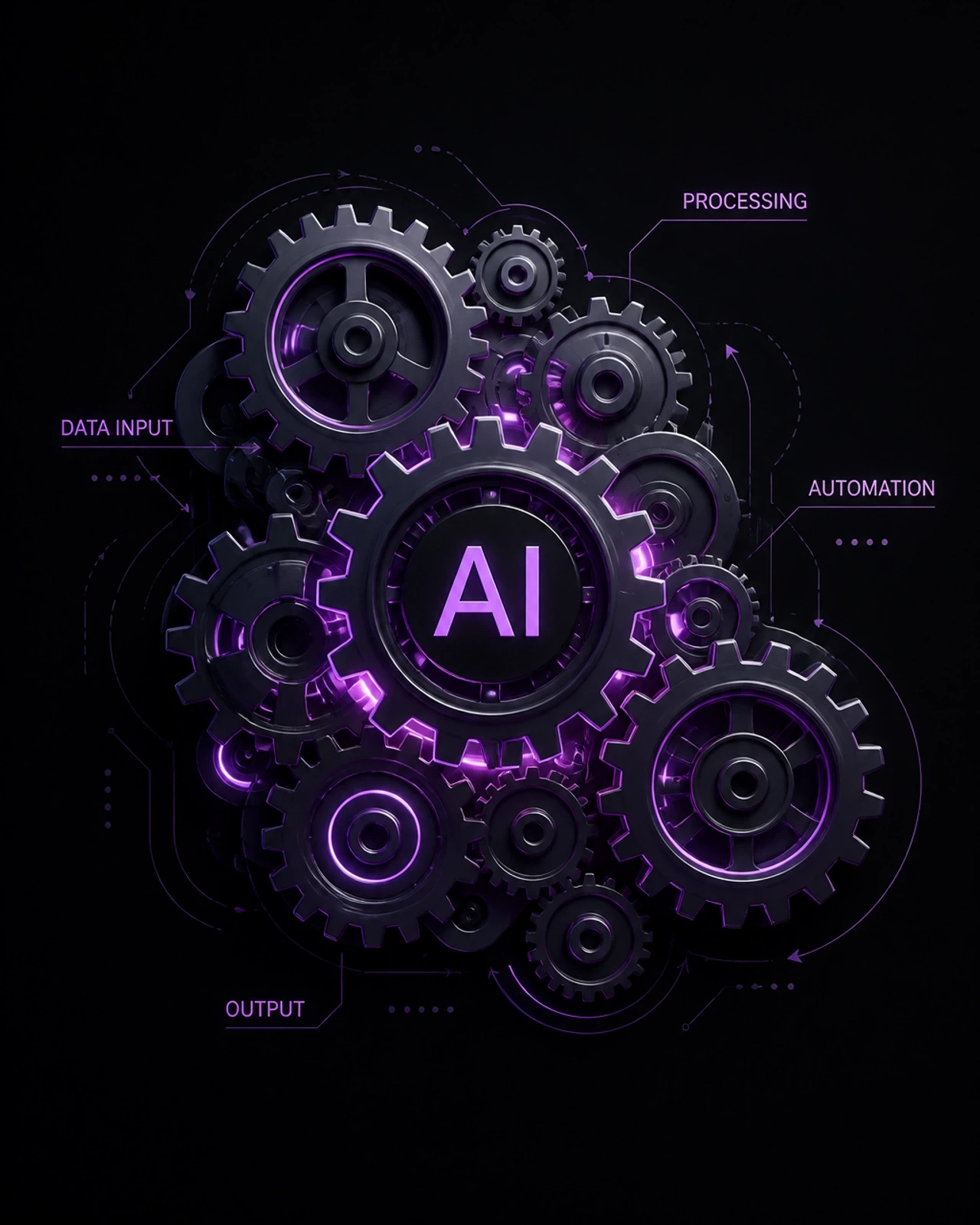 Minimalist, high-tech engine or gearbox metaphor representing AI automation with sleek dark metal and luminous violet edges.