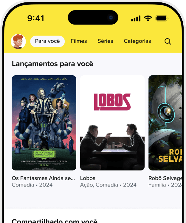 The image shows a mobile app interface for a streaming service. The top part of the screen displays the time (9:41) and the status bar with signal strength, Wi-Fi, and battery indicators. Below that, there is a navigation bar with options for "Para você" (For you), "Filmes" (Movies), "Séries" (Series), and "Categorias" (Categories), along with a search icon. The section titled "Lançamentos para você" (Releases for you) features three movie posters with their titles, genres, and release years: "Os Fantasmas Ainda se..." (Comedy, 2024) - The poster shows a group of characters in a whimsical, spooky setting. "Lobos" (Action, Comedy, 2024) - The poster features two people sitting at a table, seemingly in a serious conversation. "Robô Selvagem" (Family, 2024) - The poster depicts a robot in a lush, green environment. The image is relevant as it showcases new movie releases tailored for the user on a streaming platform.