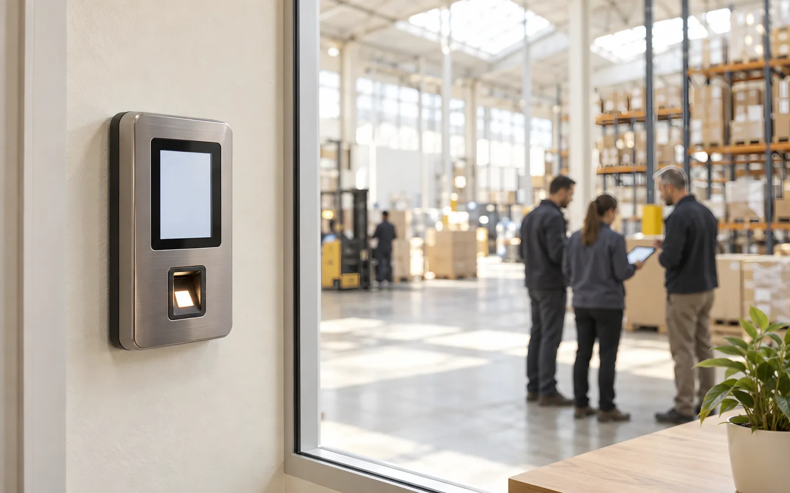 A fingerprint timeclock on the wall of a bright warehouse office, with staff out of focus behind it