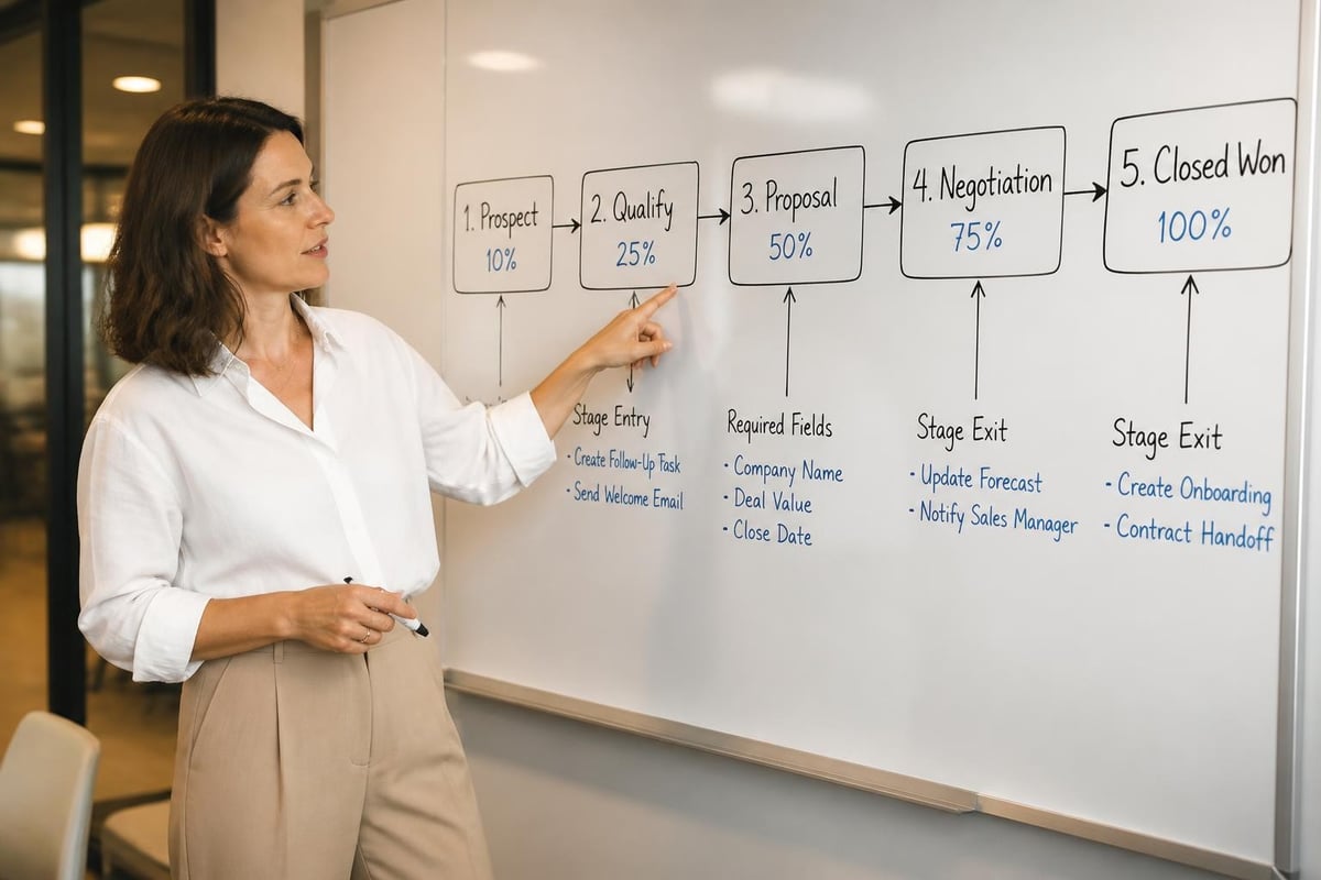 HubSpot pipeline stage configuration showing probability, requirements, and automation
