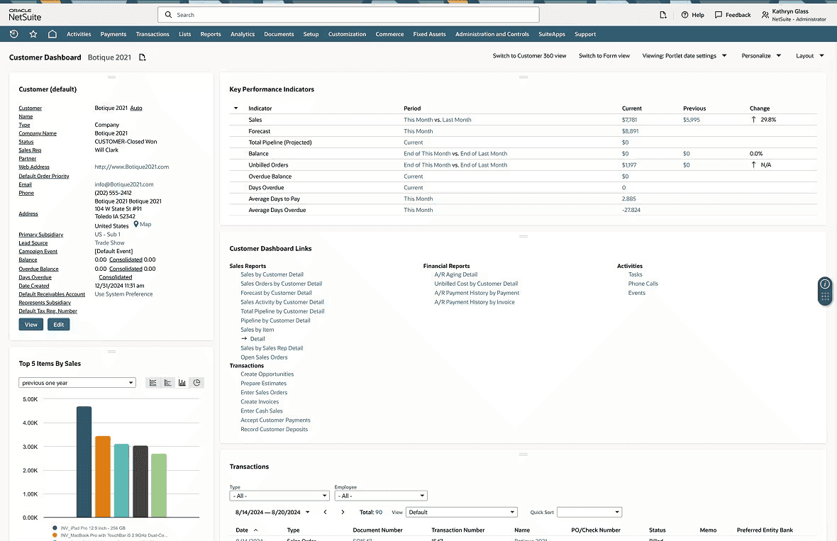 Netsuite's interface with the customer dashboard open