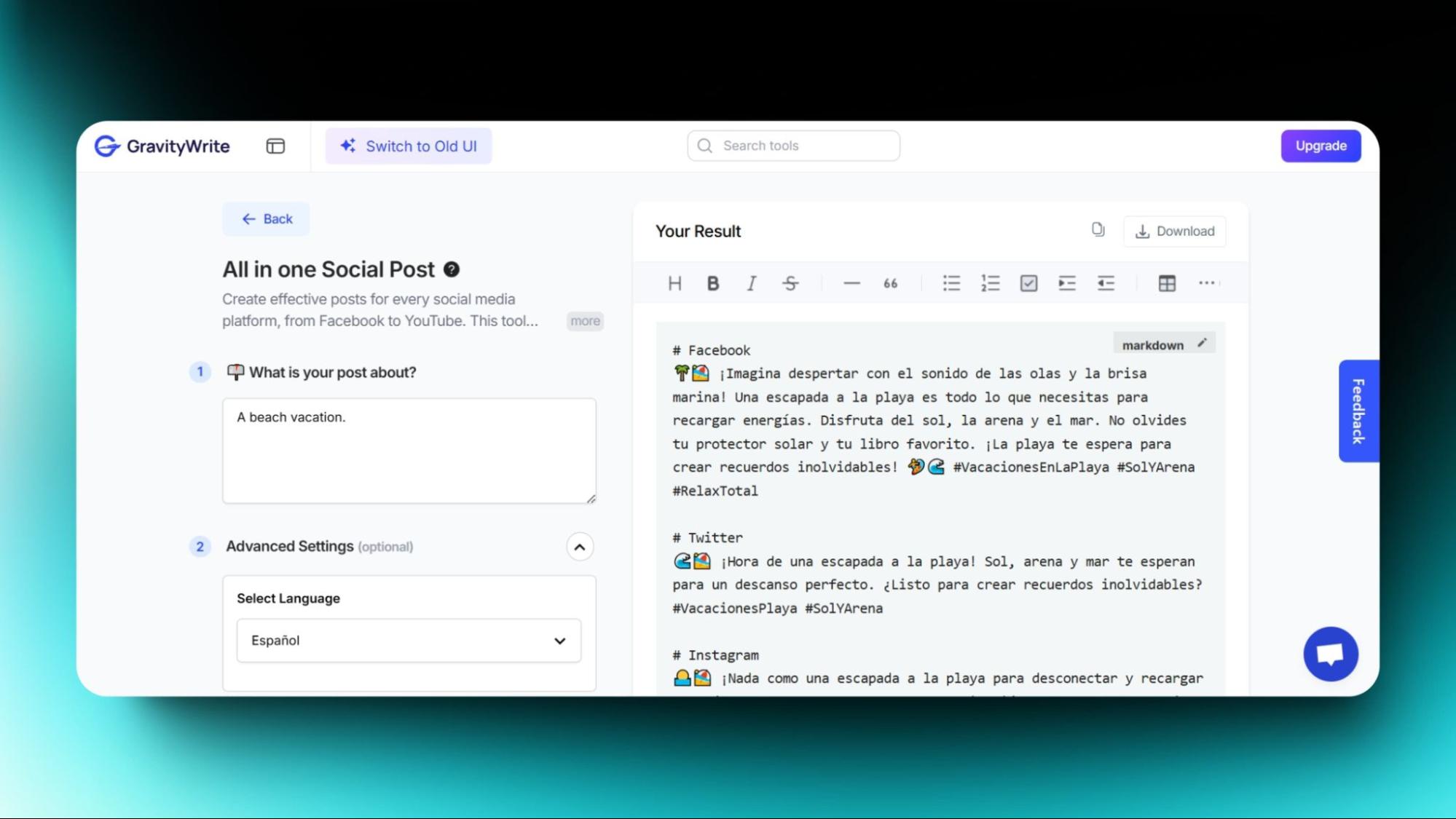 Screenshot of GravityWrite’s social post creator generating content for a beach vacation in Spanish, tailored for Facebook, Twitter, and Instagram.