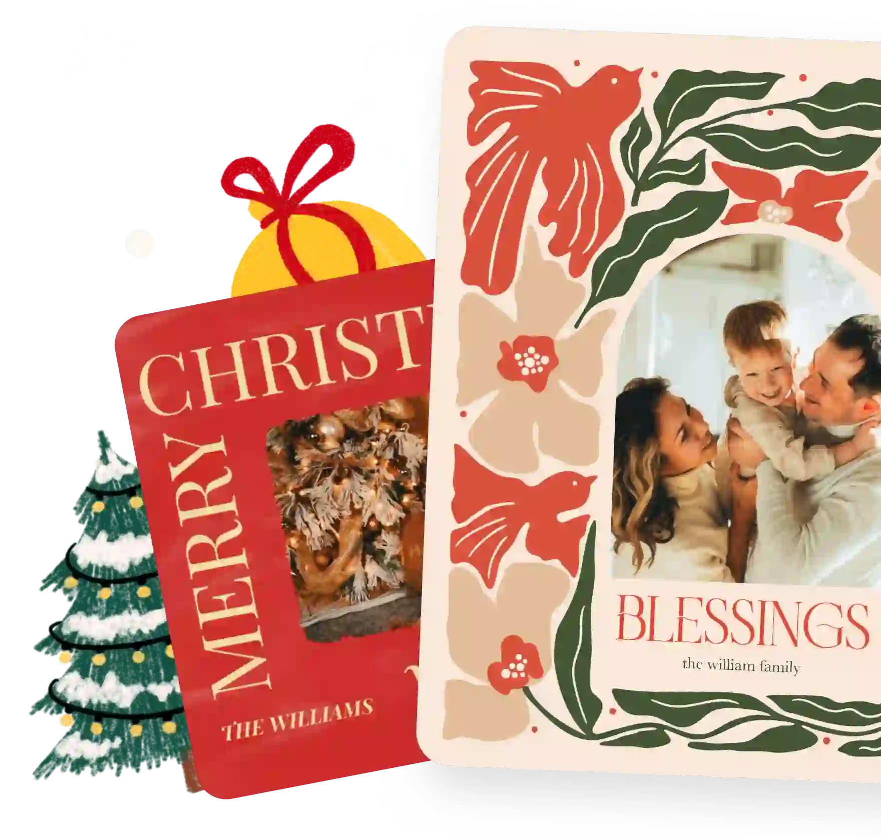Holiday card samples featuring 'Merry Christmas' and 'Blessings' family photo designs