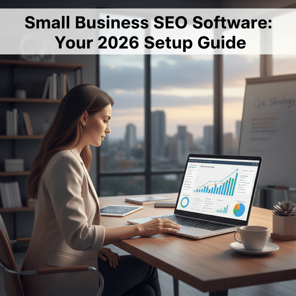 Small business owner using small business SEO software dashboard to track search performance