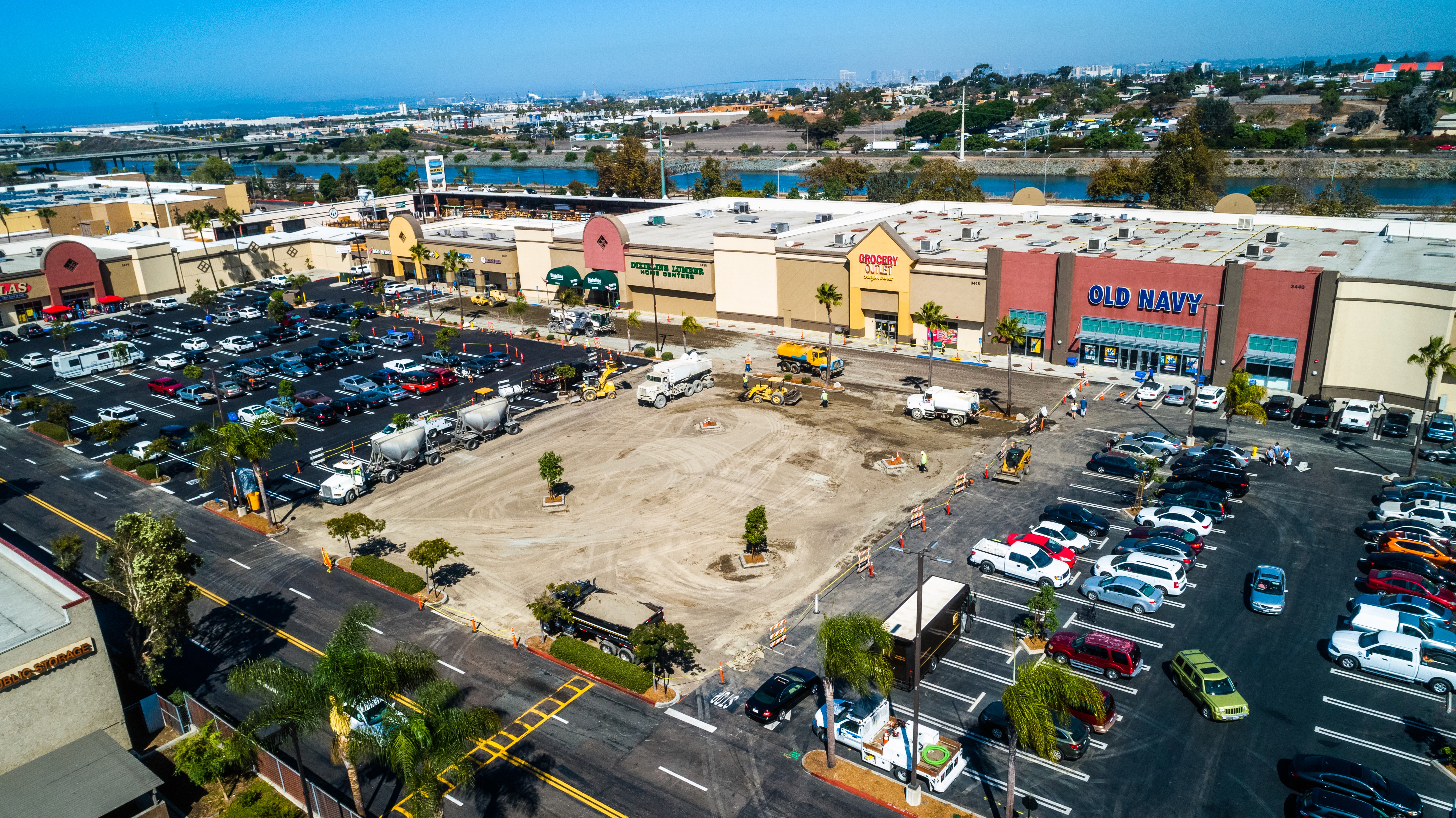 Drone aerial photo of shopping center parking lot