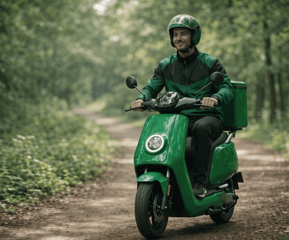 Yuvwaa Electric delivery rider on a green scooter, symbolizing eco-friendly transportation.