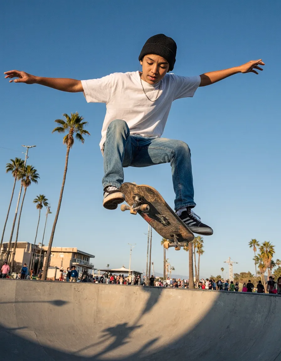 Skateboarder in mid-air trick at a skate park, wearing casual white tee and jeans against blue sky and palm trees in California