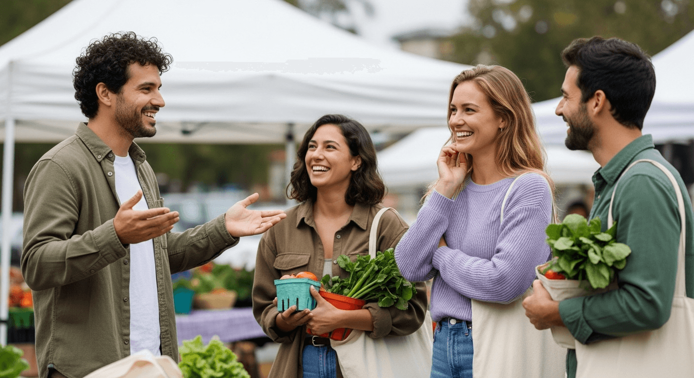Three adults smiling and introducing themselves to each other at a casual outdoor farmers market