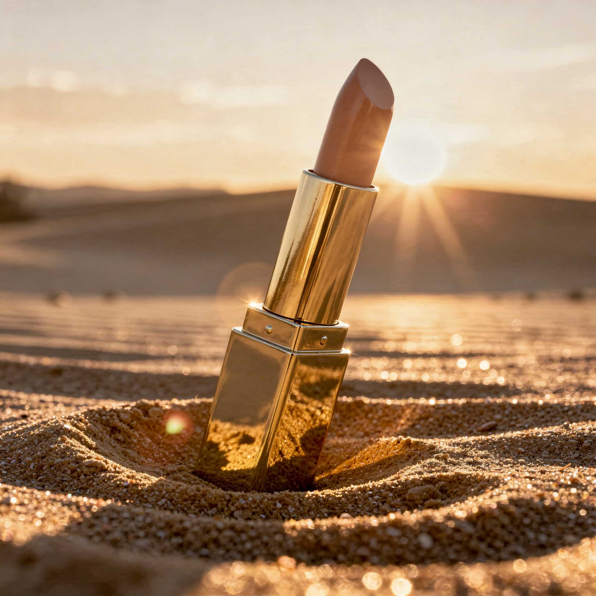a golden lipstick tube partially buried in the sand