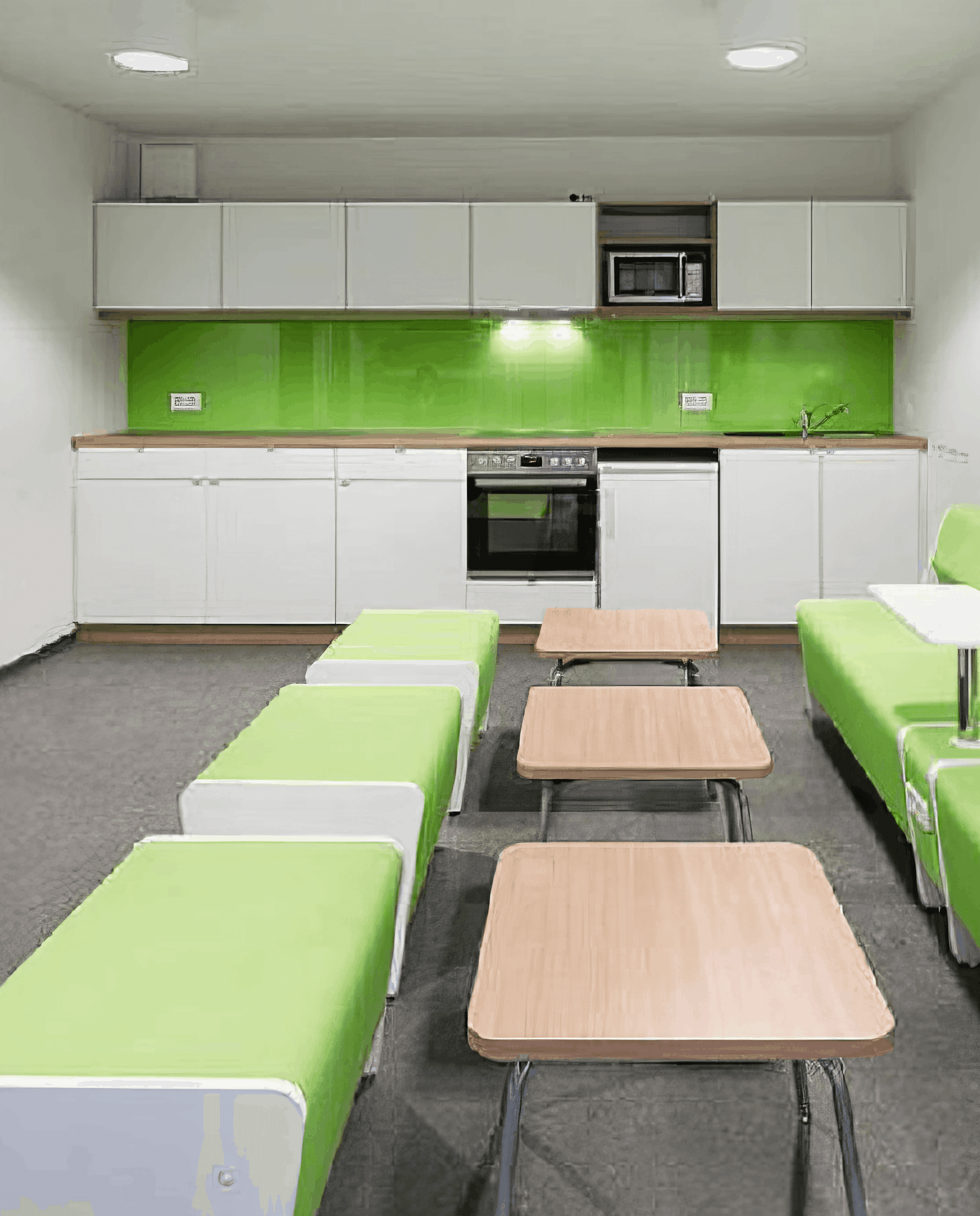MW Interior - Großzügige Gemeinschaftsküche mit weißen Fronten, grüner Glasrückwand, grünen Polsterbänken und Holzbeistelltischen auf grauem Betonboden" Beschreibung: Einladende Gemeinschaftsküche mit vollausgestatteter Küchenzeile und grünen Lounge-Sitzinseln mit Holztischen – ein Ort, der Kochen, Essen und soziales Miteinander auf einer Fläche vereint und durch konsistente Farbgebung in Grün und Weiß Identität schafft.