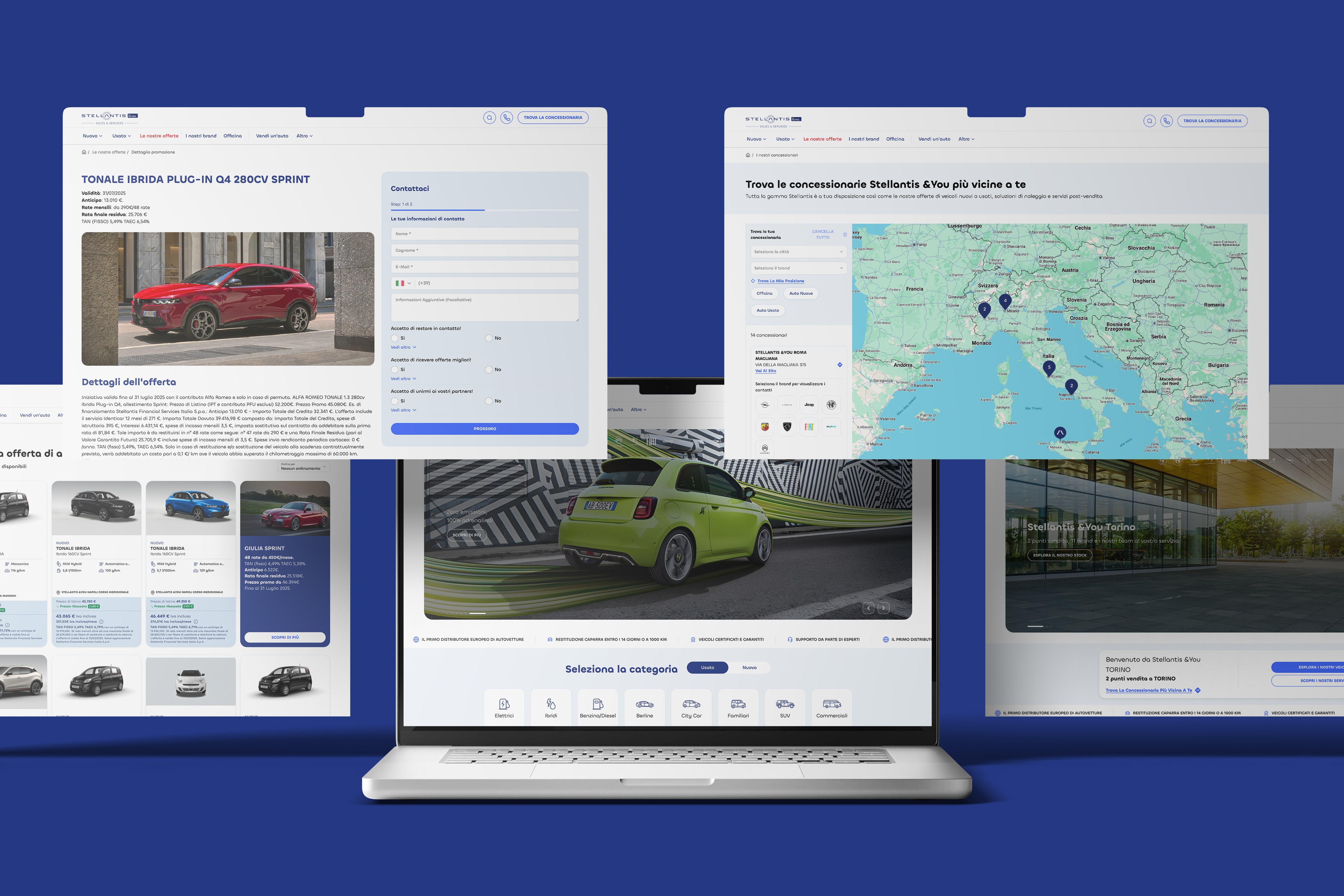 Varie schermate del portale su desktop che mostrano la modalità di navigazione del sito per categotie e la possibilità di vedere le sedi delle concessionarie Stellantis più vicine alla propria posizione