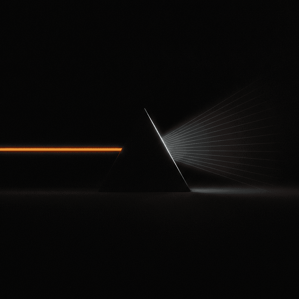 Single thin orange light trail bisecting black void, splitting into many faint parallel lines