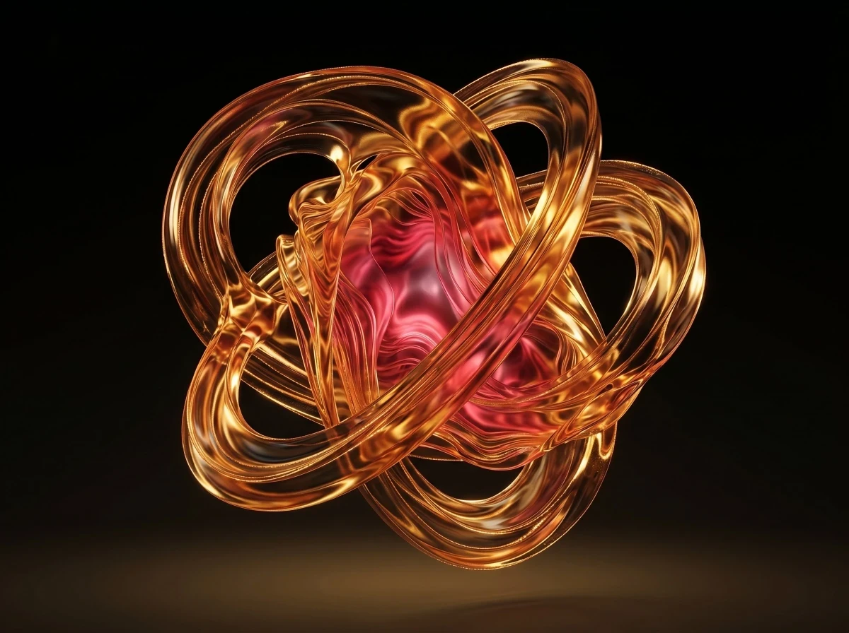 Interlocked translucent amber rings surrounding a glowing red core