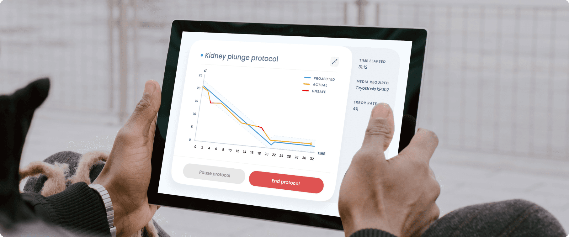 Person holding a tablet displaying the graph view of the temperature protocol, showcasing real-time monitoring and control for the Cryostasis fridge system.