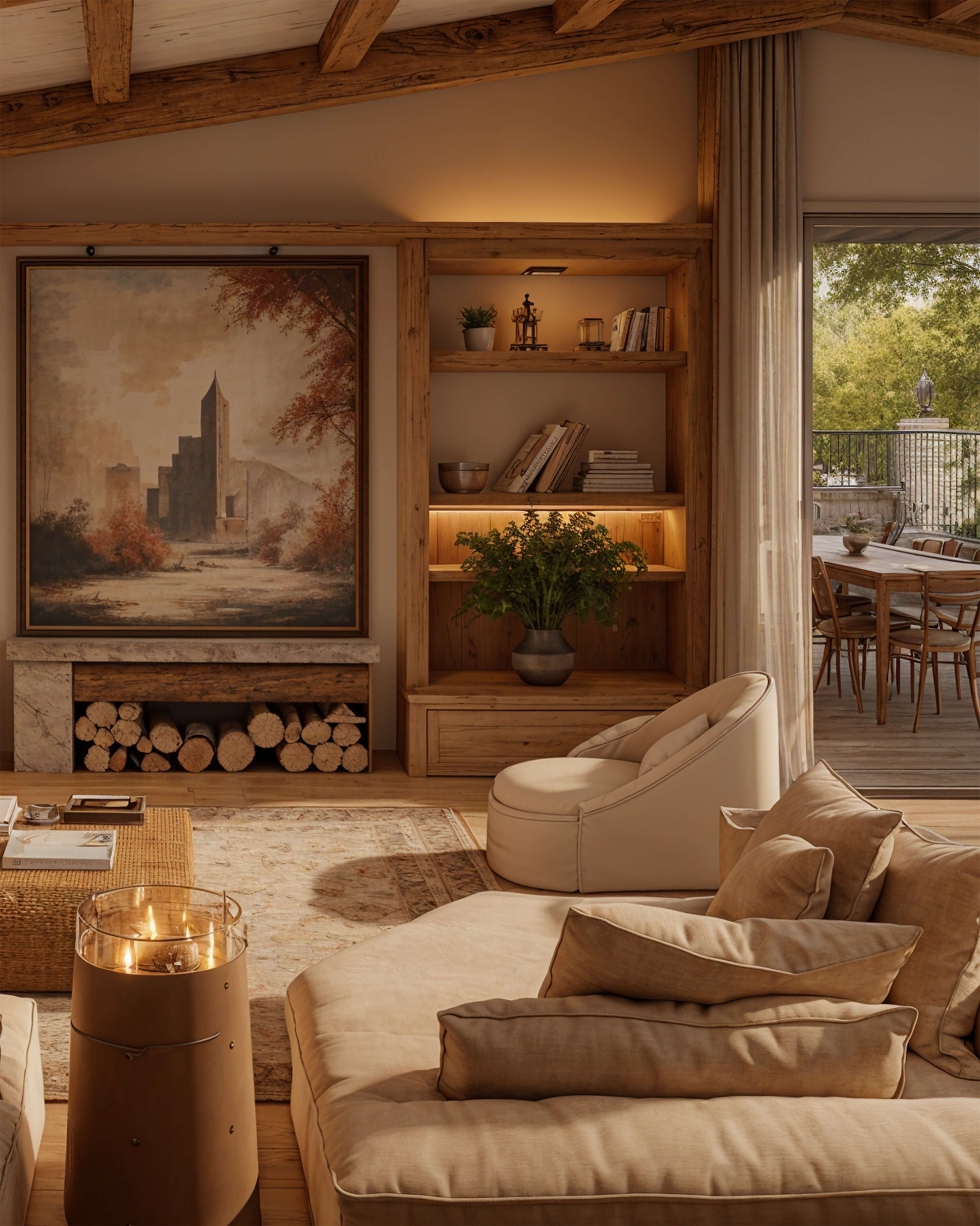 Rustic living room with exposed beams, soft neutral seating, built-in shelving, fireplace, and terrace views beyond.