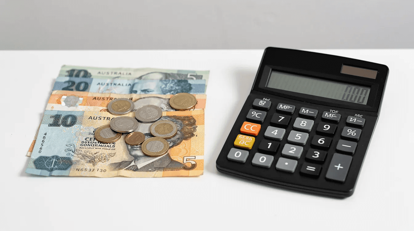 The image features Australian dollar notes and coins arranged neatly beside a calculator on a clean desk, suggesting a focus on managing finances, tax affairs, and payment plans for small businesses. This setup may symbolize the importance of dealing with company tax debts and understanding income tax assessments.