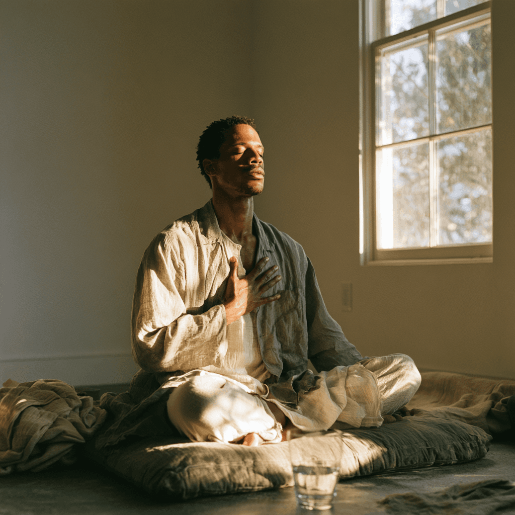 A person sitting on a floor cushion by a window with one hand resting on the chest, eyes closed, breathing slowly in a calm room