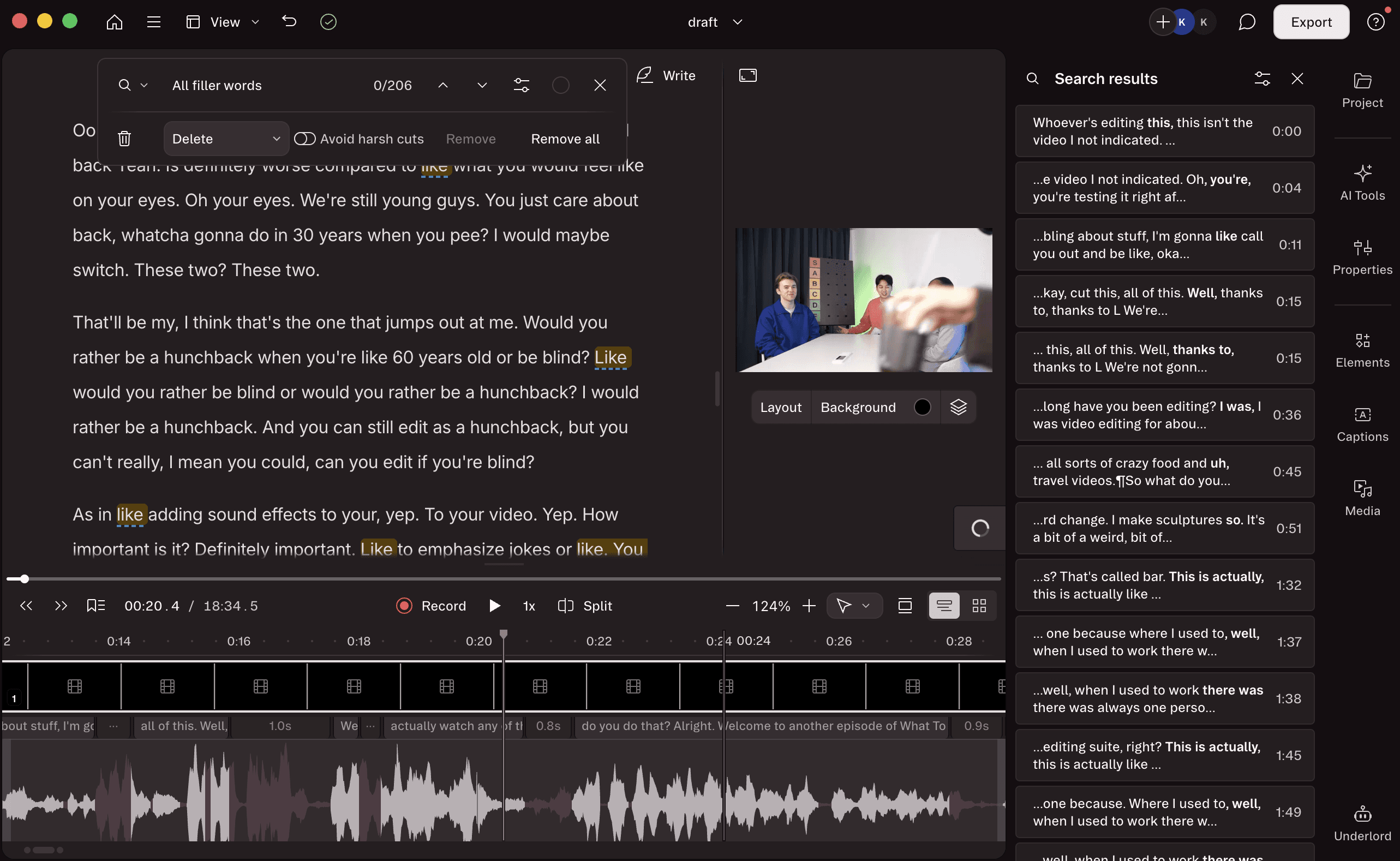 Descript filler word removal tool showing 206 instances of the word like detected across a transcript with options to delete, avoid harsh cuts, or remove all at once