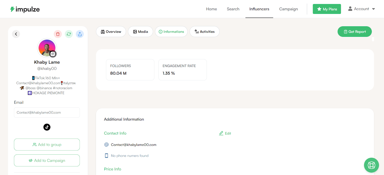 Access influencer email address with Impulze.ai